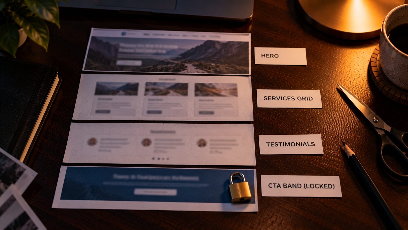 Paper strips of a web page laid out like blocks and patterns, with one locked section Paper strips of a web page laid out like blocks and patterns, with one locked section