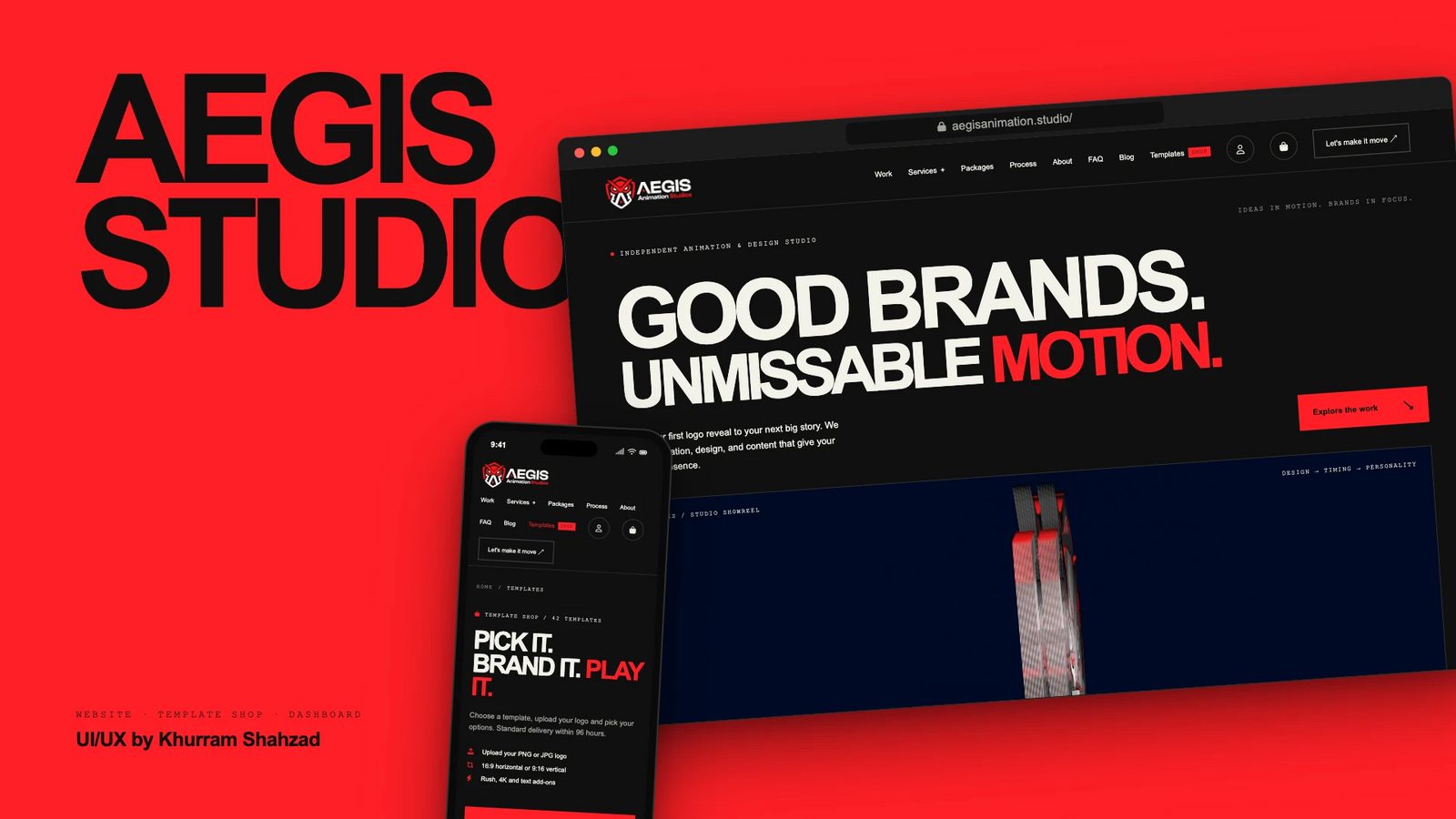 Aegis Animation Studios UI/UX case study: a motion studio website shown in a browser and on a phone