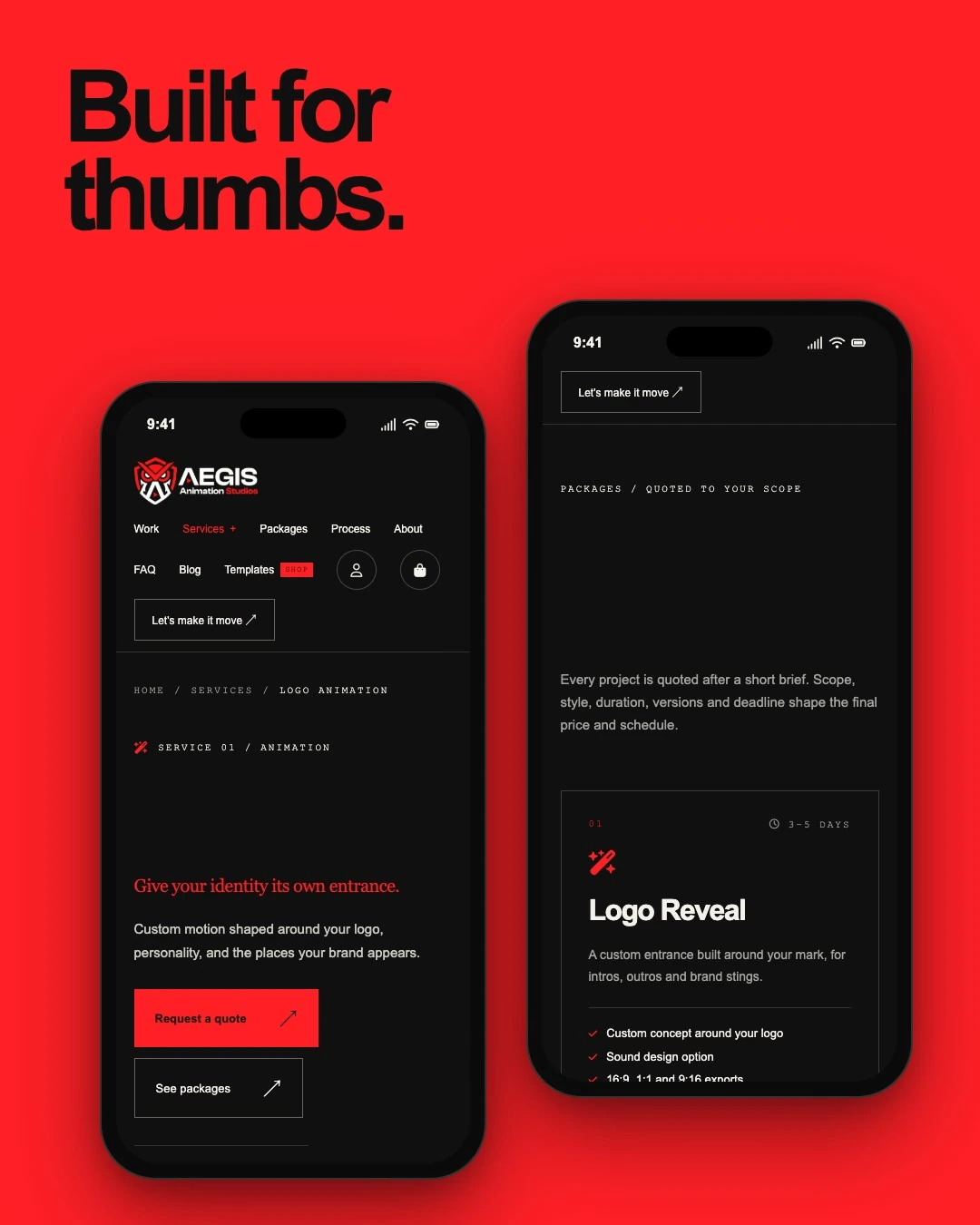 Aegis Animation Studios on two phones: logo animation service page and a quoted package card