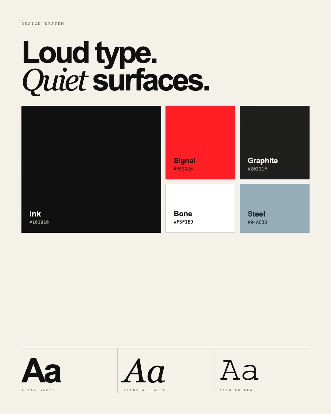 Aegis design system: Ink, Signal red, Graphite, Bone and Steel palette with Arial Black, Georgia Italic and Courier New type