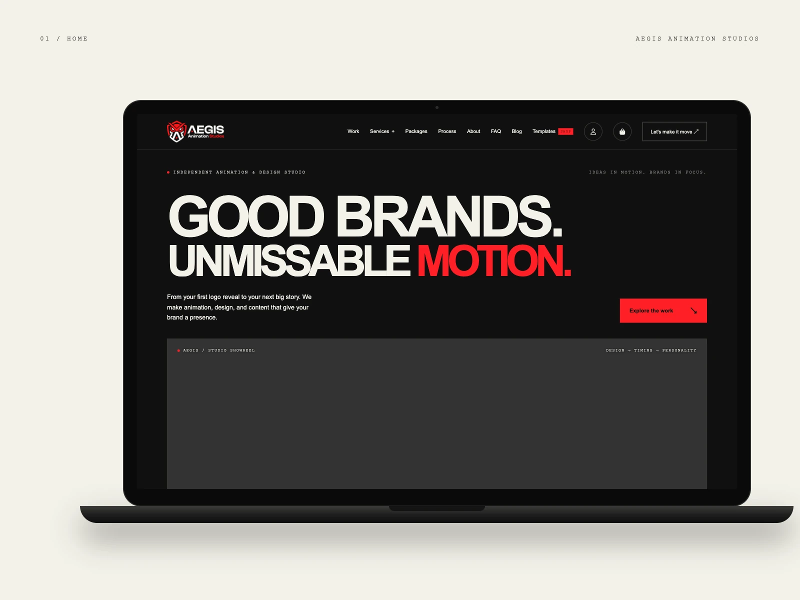 Aegis Animation Studios homepage on a laptop: Good brands. Unmissable motion. with a studio showreel panel
