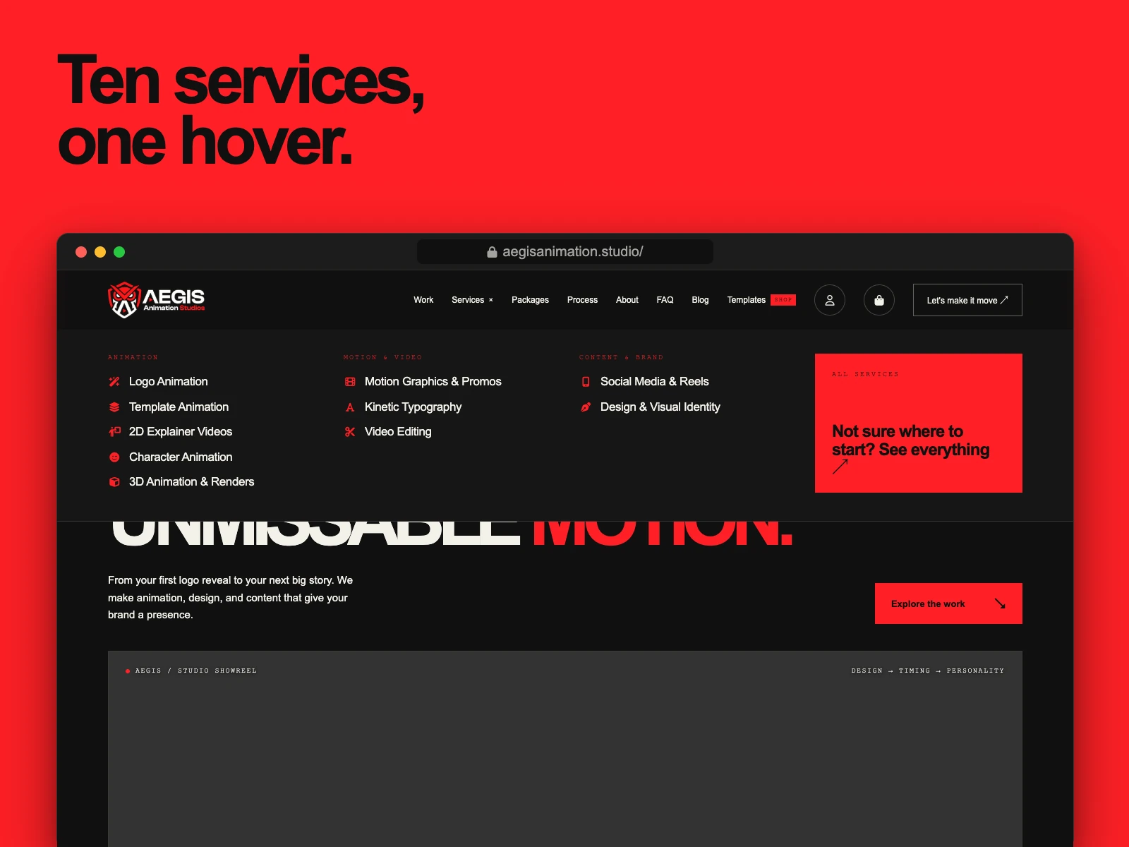 Aegis Animation Studios mega menu listing ten services in three groups: animation, motion and video, content and brand