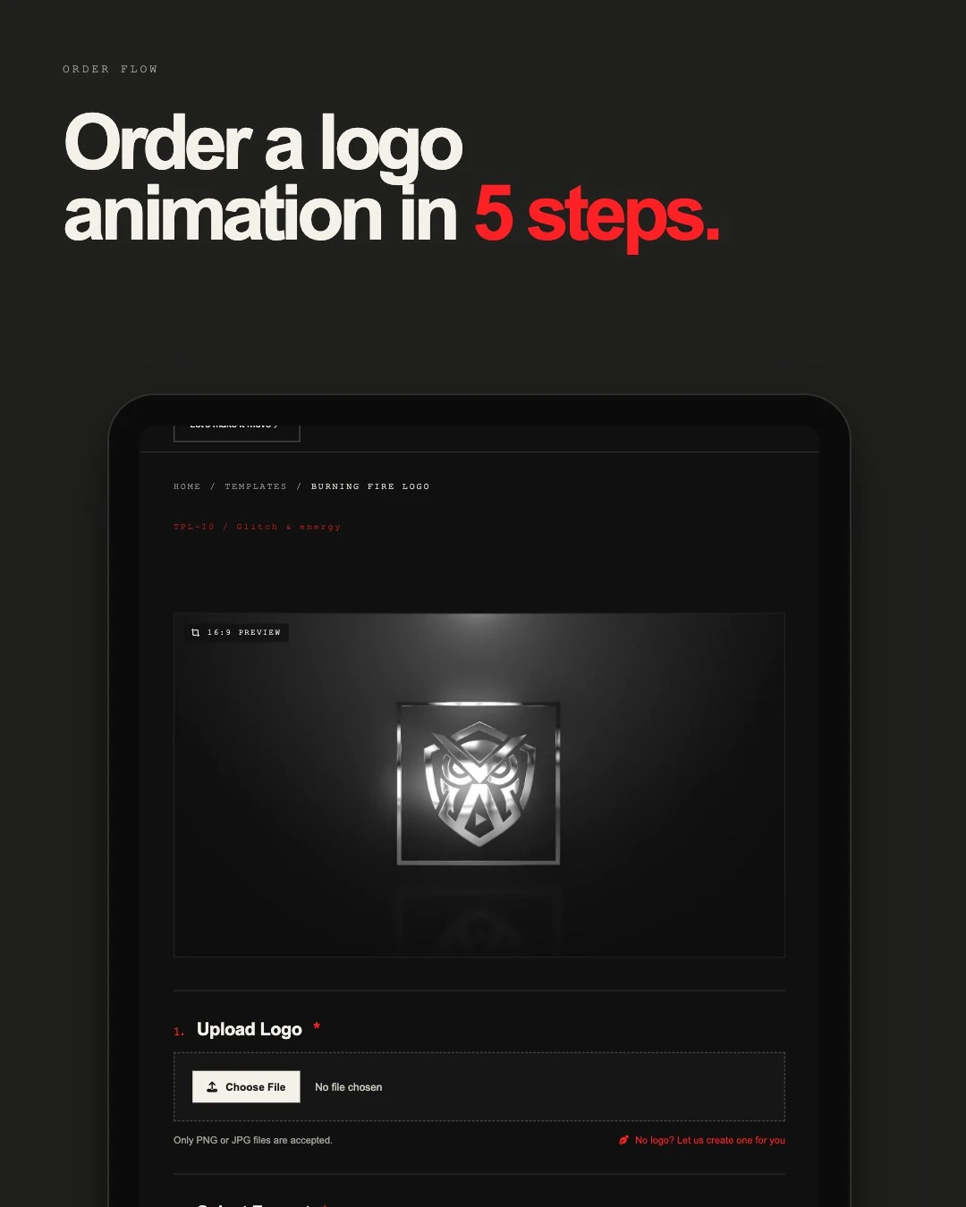 Aegis order flow on a tablet: a 16:9 preview of a logo template and the first step, upload your logo