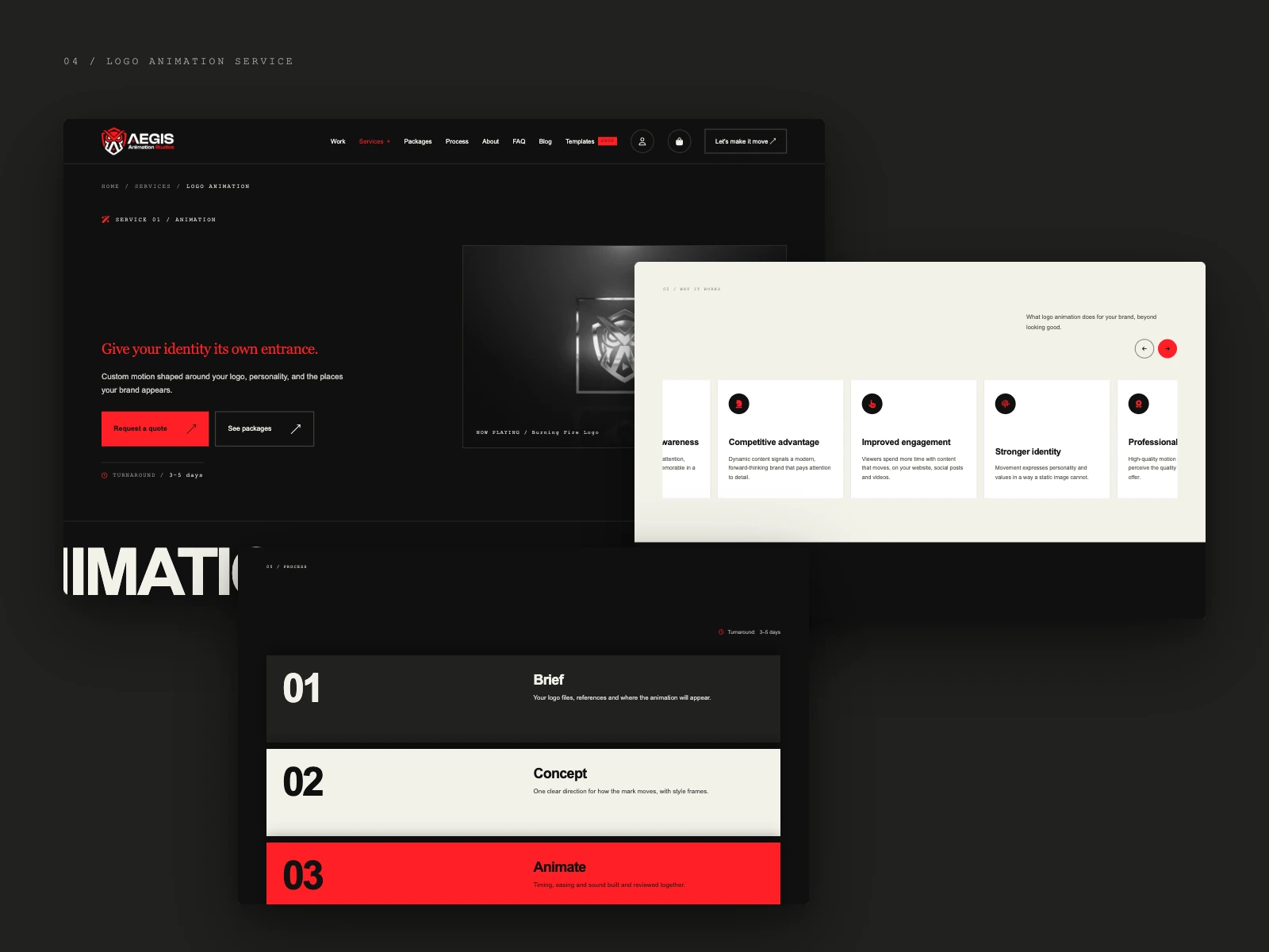 Aegis Animation Studios logo animation service page with a benefits carousel and a numbered process: brief, concept, animate