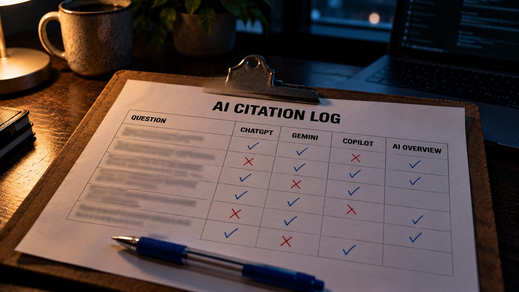 Clipboard with a monthly AI citation log tracking whether a site was cited in each AI assistant