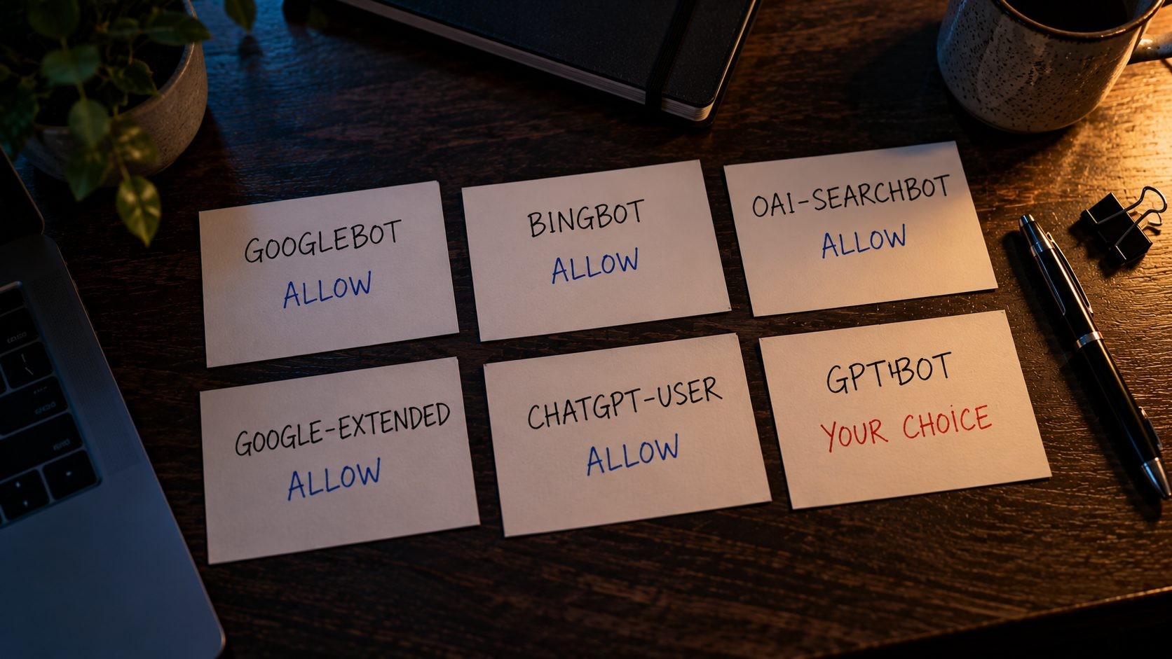 Index cards listing search and AI crawlers, most marked allow and one marked as optional