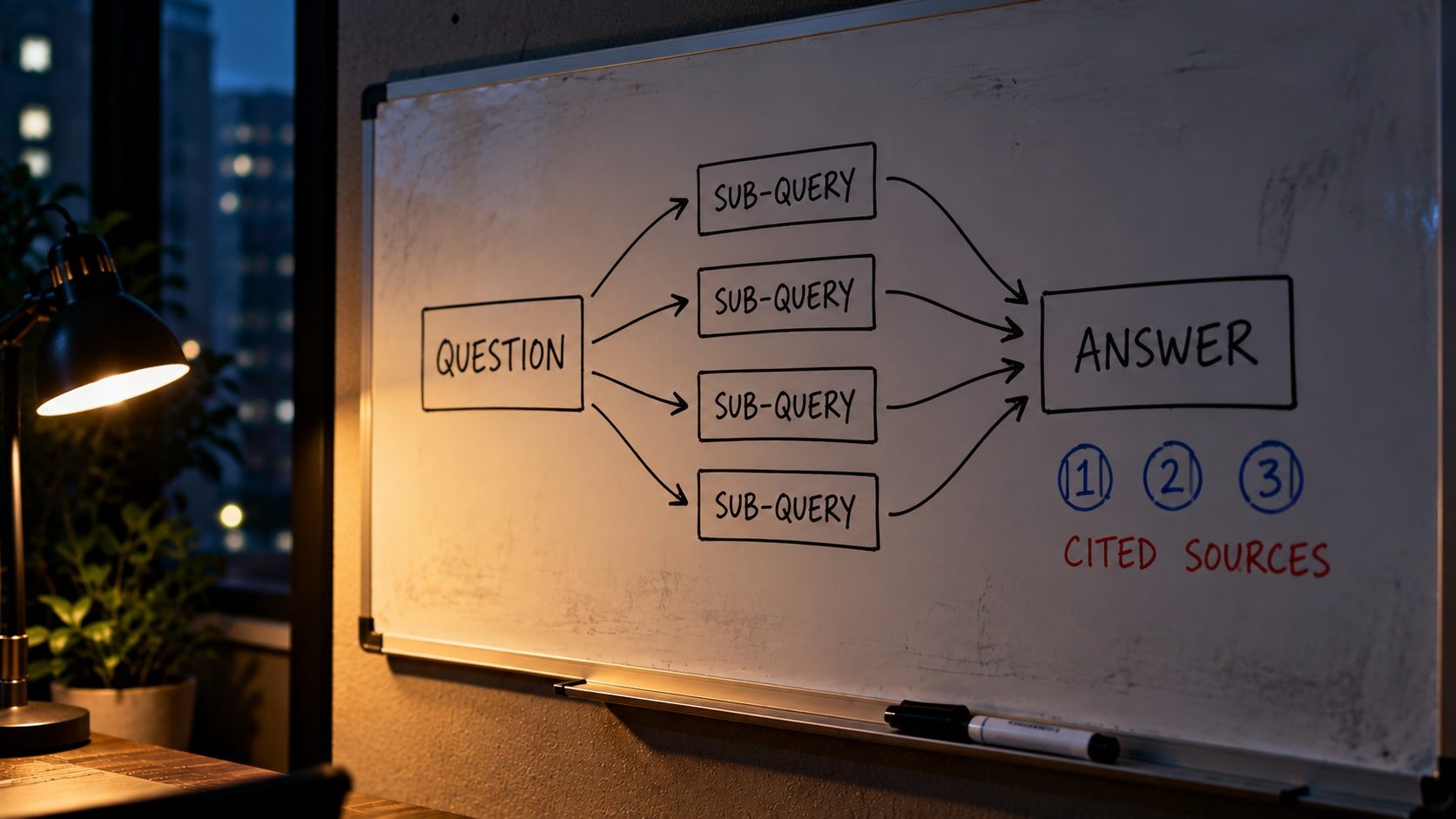 Whiteboard sketch of one question branching into related sub-queries that feed an AI answer with cited sources