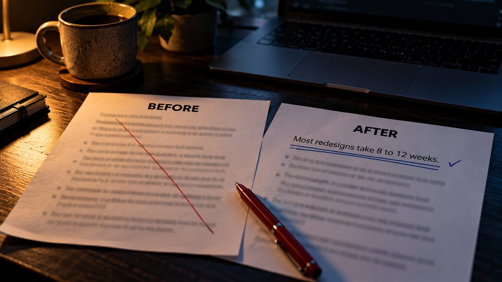 Two printed paragraphs marked before and after, showing a vague opening rewritten to lead with a direct answer