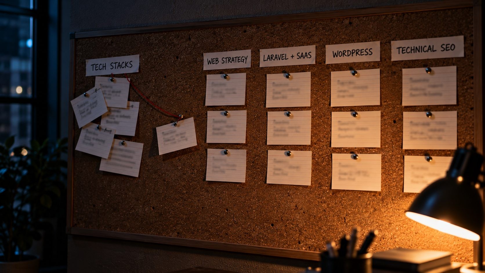 Corkboard with index cards being moved from one overloaded blog category into clear topic pillars