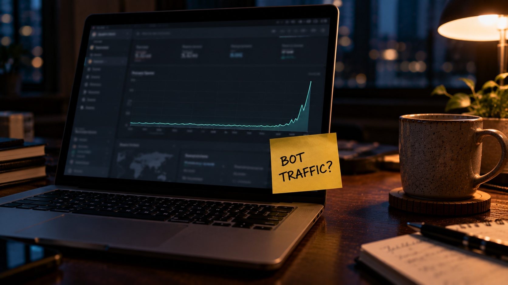 Server monitoring graph with a sudden traffic spike, possibly caused by bot traffic