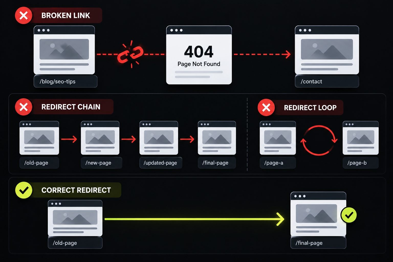 Technical SEO diagram illustrating broken website links and an incorrect redirect chain.
