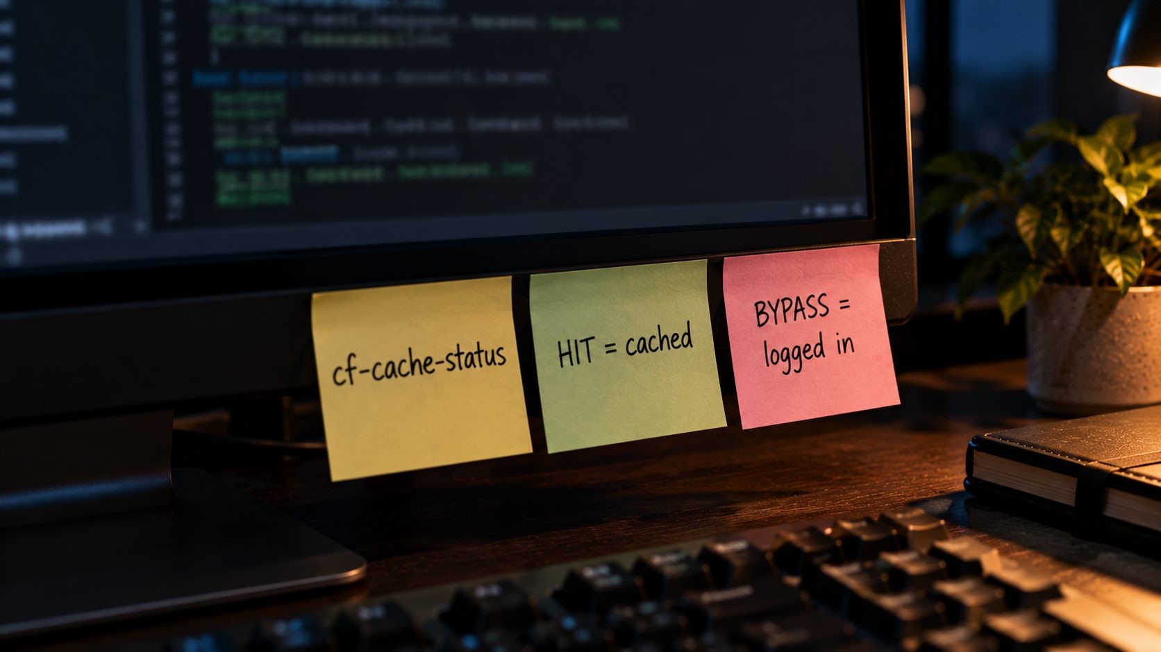 Sticky notes on a monitor bezel listing cf-cache-status values HIT, MISS, BYPASS and DYNAMIC