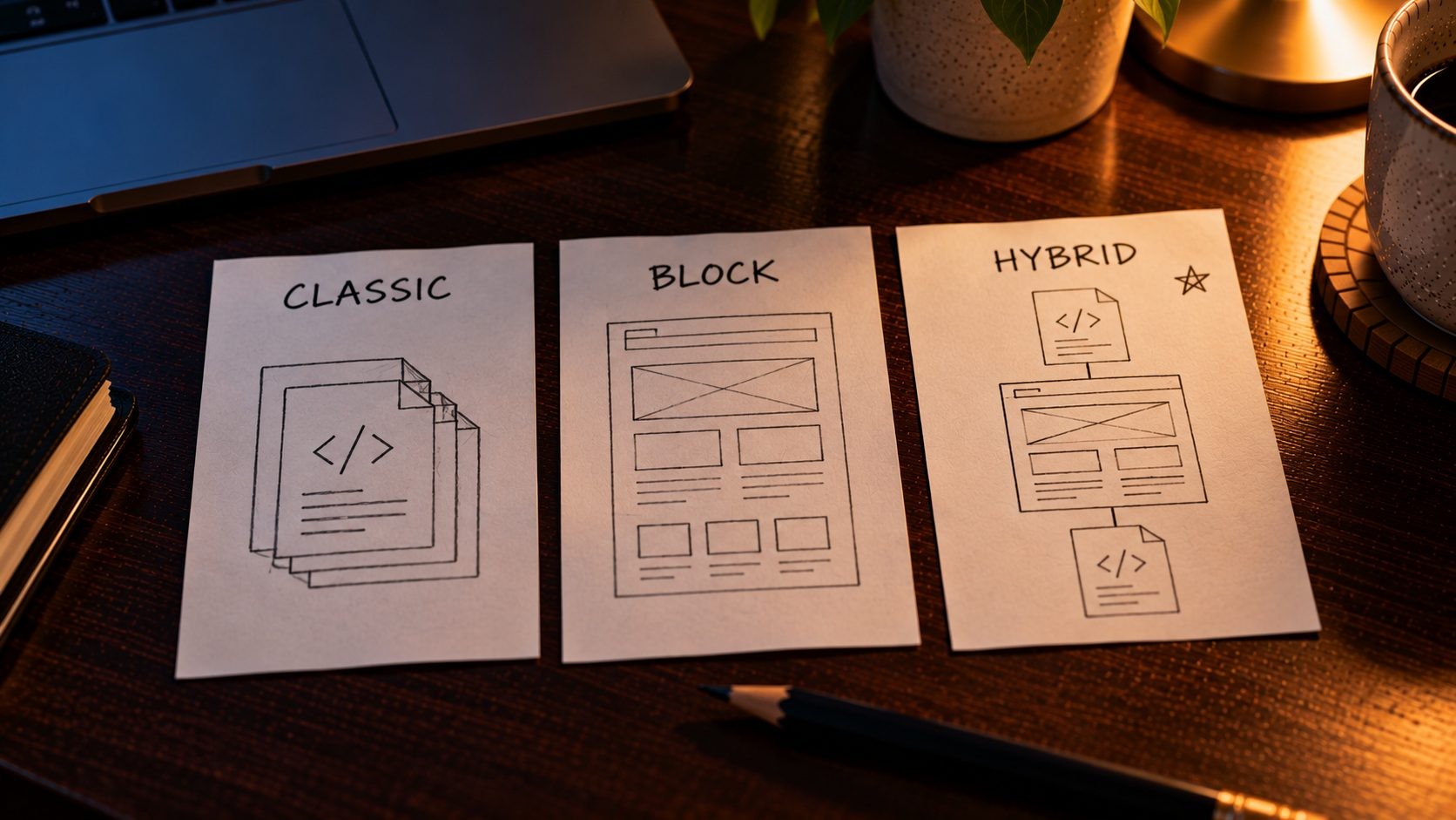 : Index cards comparing classic, block and hybrid WordPress themes, with the hybrid theme marked as preferred : Index cards comparing classic, block and hybrid WordPress themes, with the hybrid theme marked as preferred