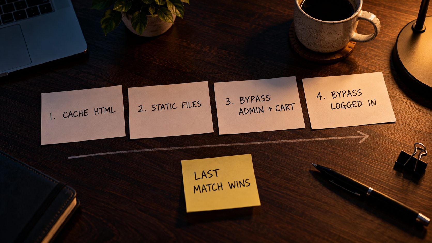 Four numbered index cards showing Cloudflare cache rule order for WordPress, with bypass rules placed last
