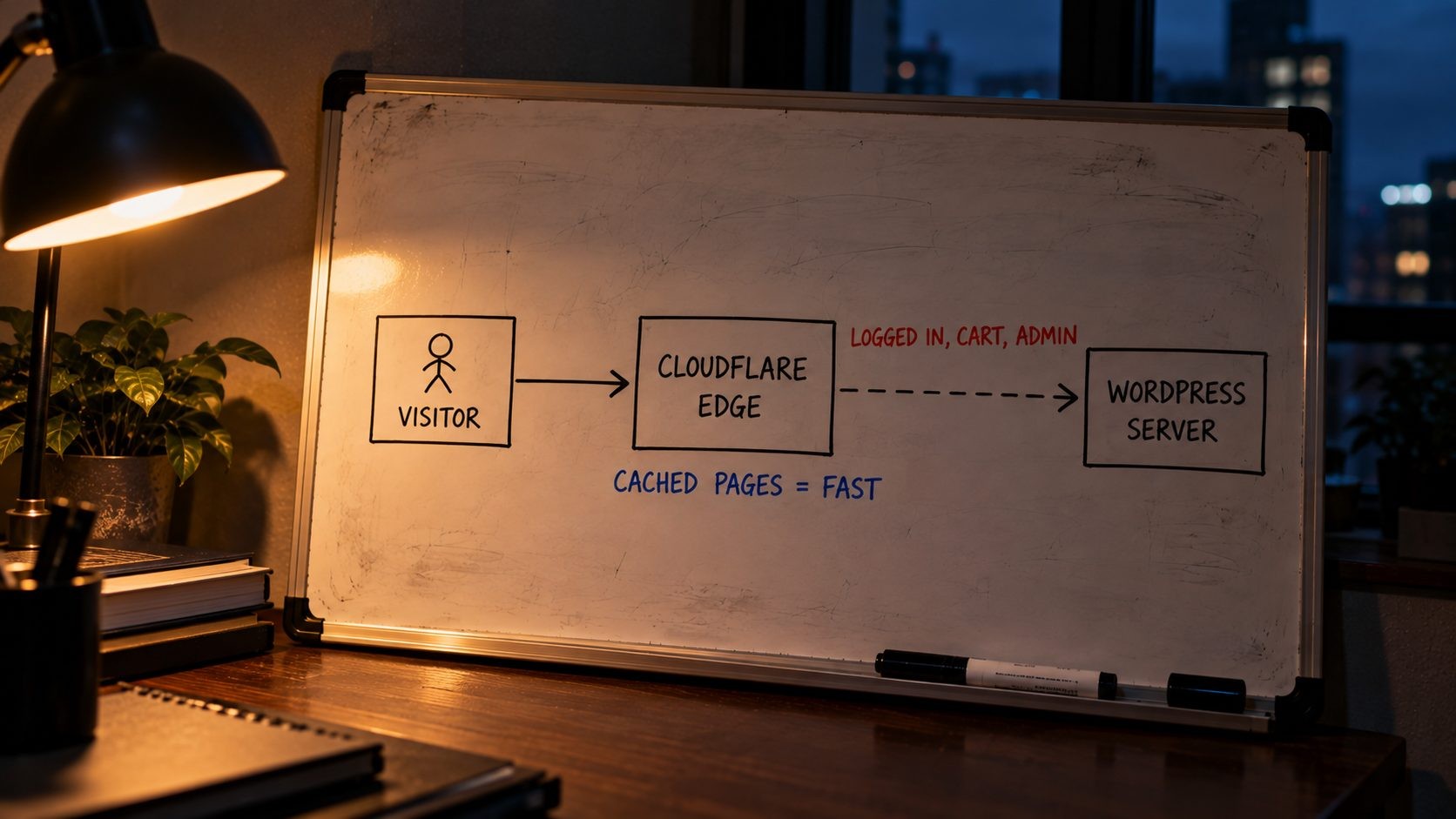 Whiteboard sketch showing a visitor, the Cloudflare edge and the WordPress origin server, with cached and bypassed paths