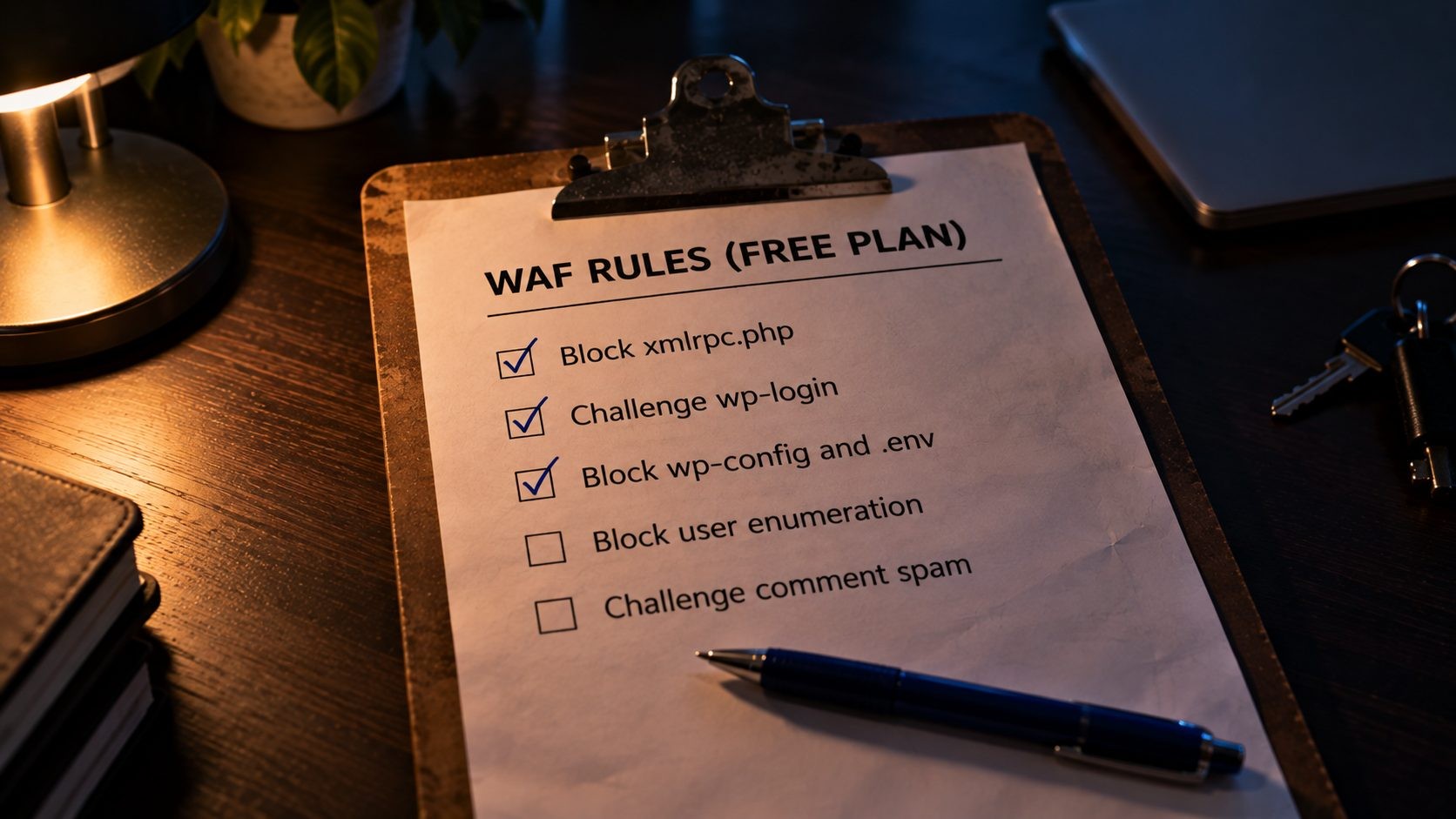 Clipboard with a handwritten checklist of five Cloudflare WAF custom rules for WordPress security