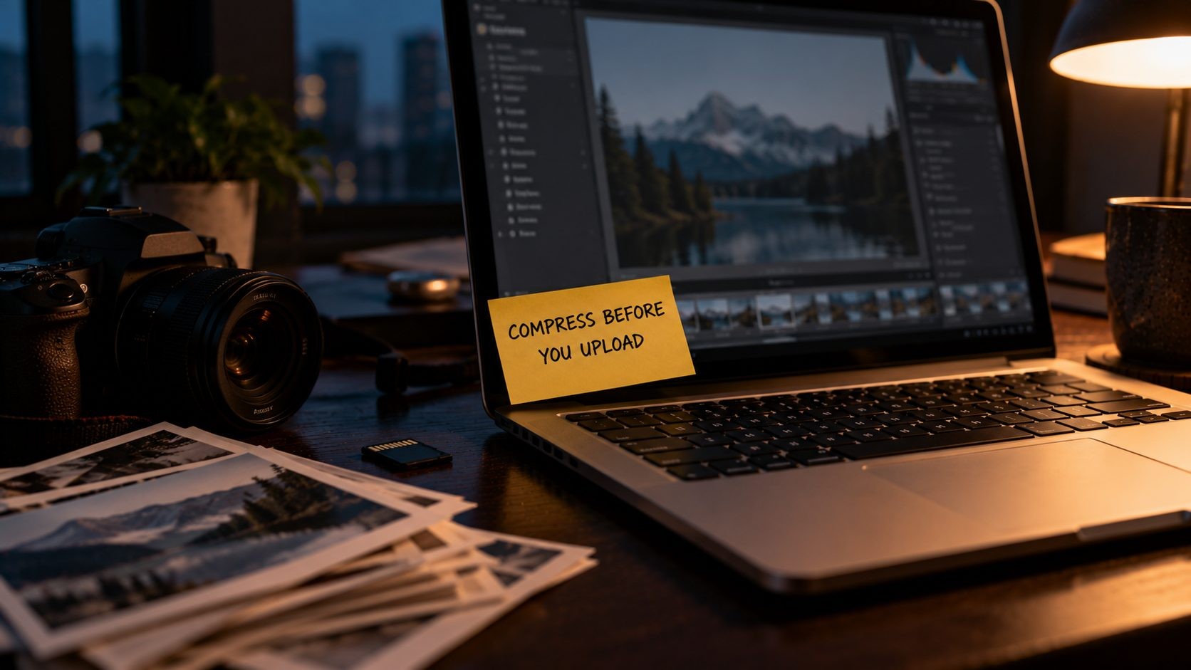 Camera and photos next to a laptop with a note to compress images before uploading