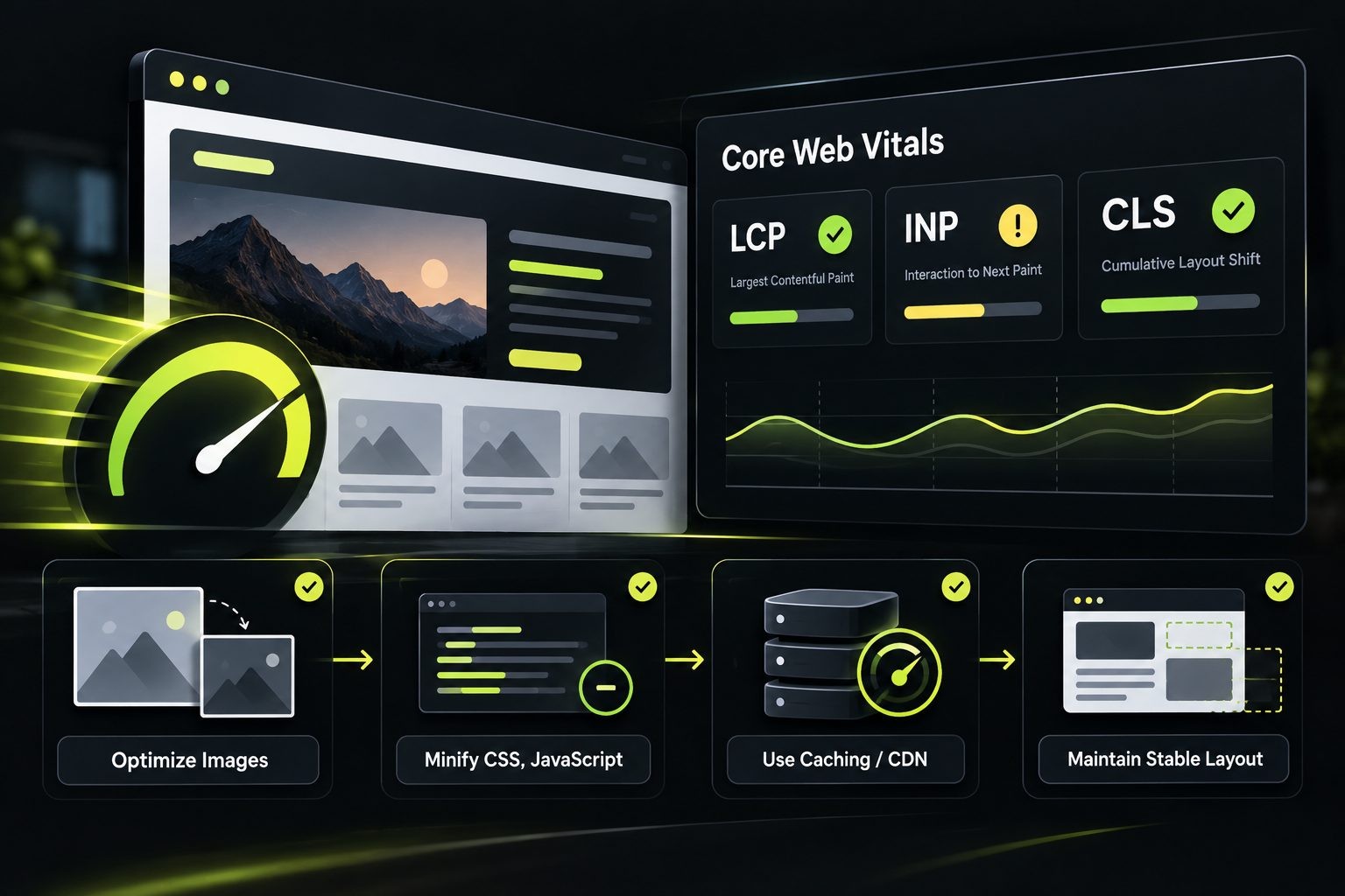 Website performance dashboard illustrating Core Web Vitals and page speed optimization.