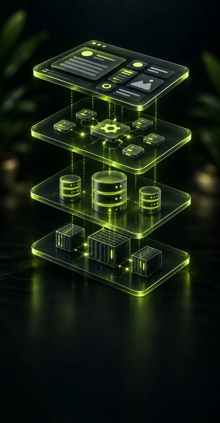 Layers of a web application: interface, API, database and servers