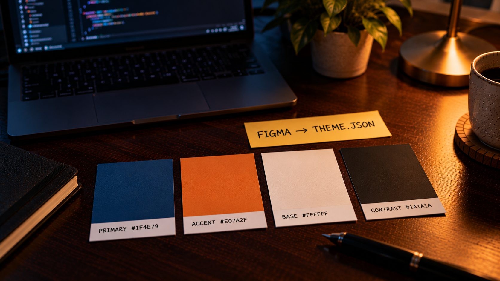 Paper color swatches labeled primary, accent, base and contrast, showing Figma design tokens moving into theme.json Paper color swatches labeled primary, accent, base and contrast, showing Figma design tokens moving into theme.json