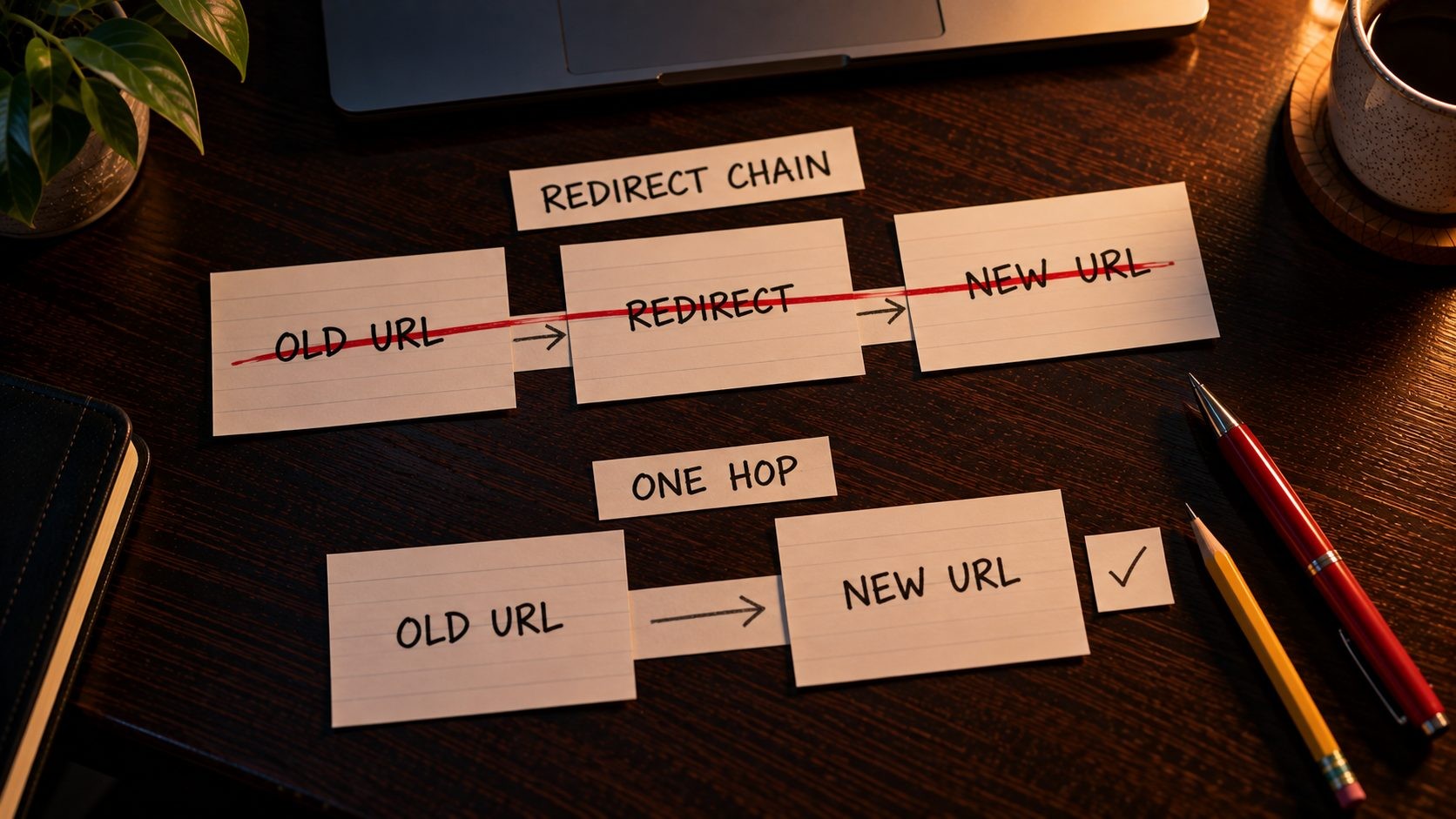 A redirect chain crossed out and replaced with a single redirect from the old URL to the new URL