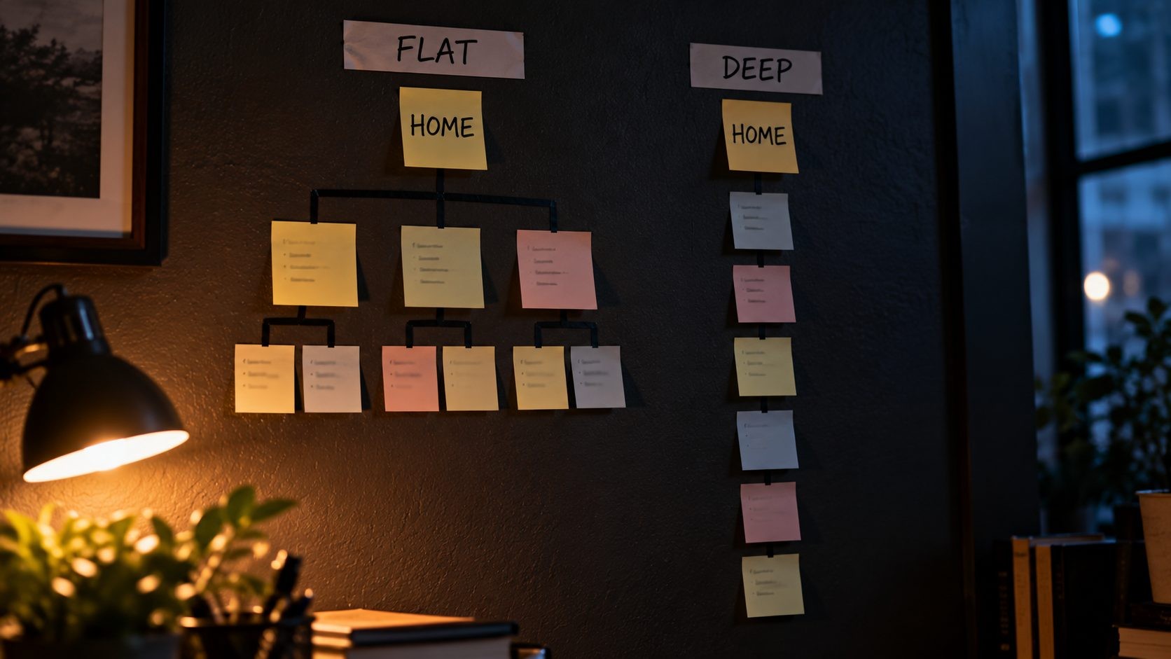 Two sticky note trees on a wall comparing a flat site structure with a deep one