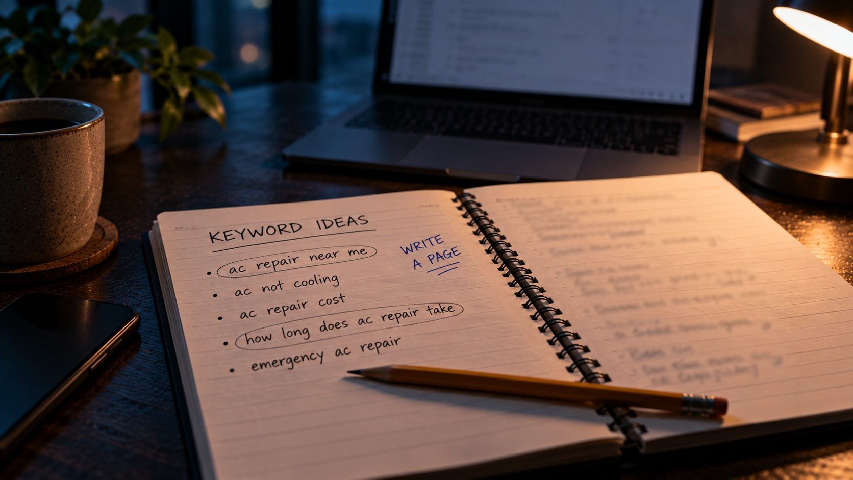 Notebook page with a handwritten keyword list grouped by search intent, some phrases circled