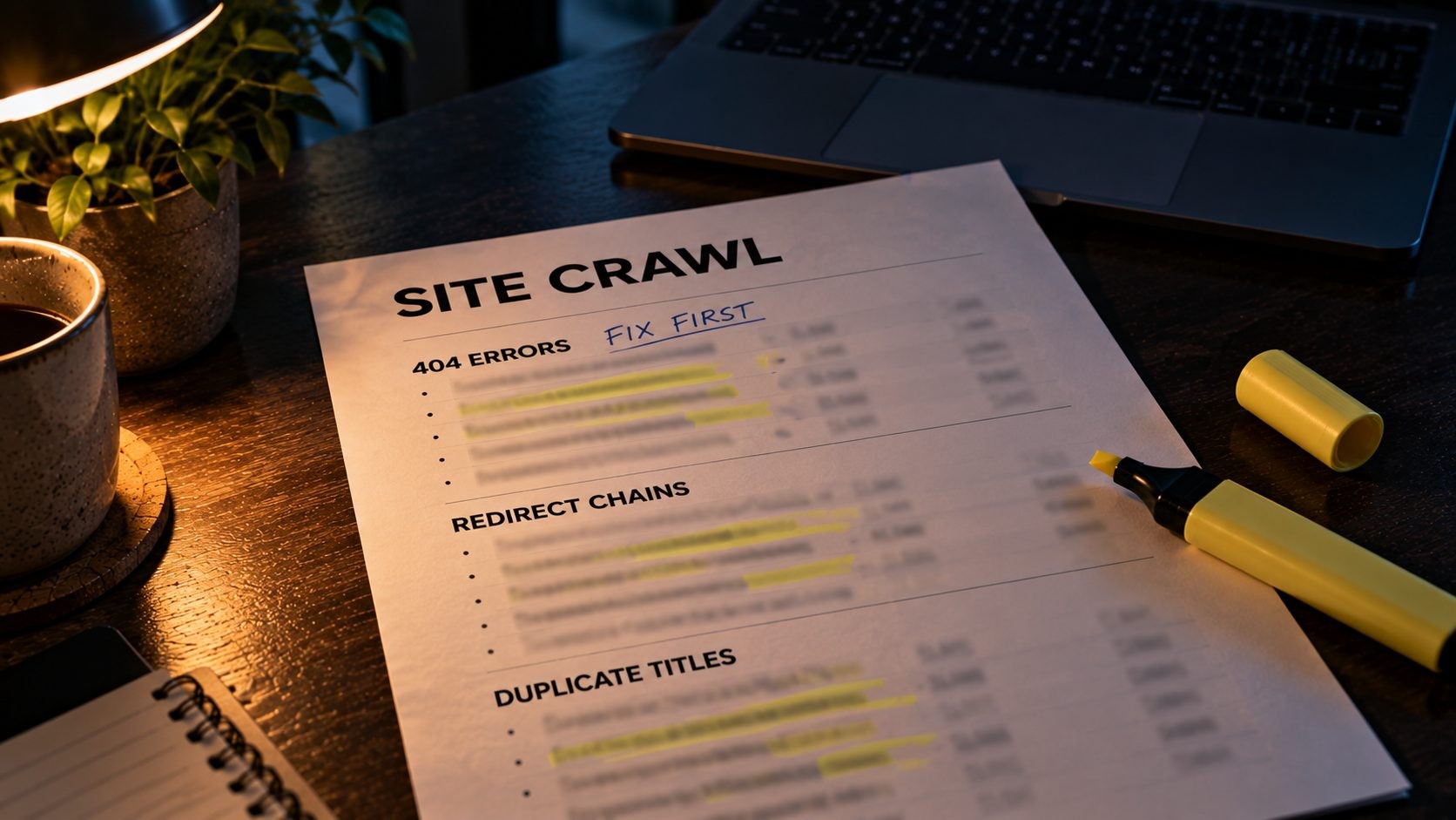 Printed site crawl report with broken links, redirects and duplicate titles marked with a highlighter