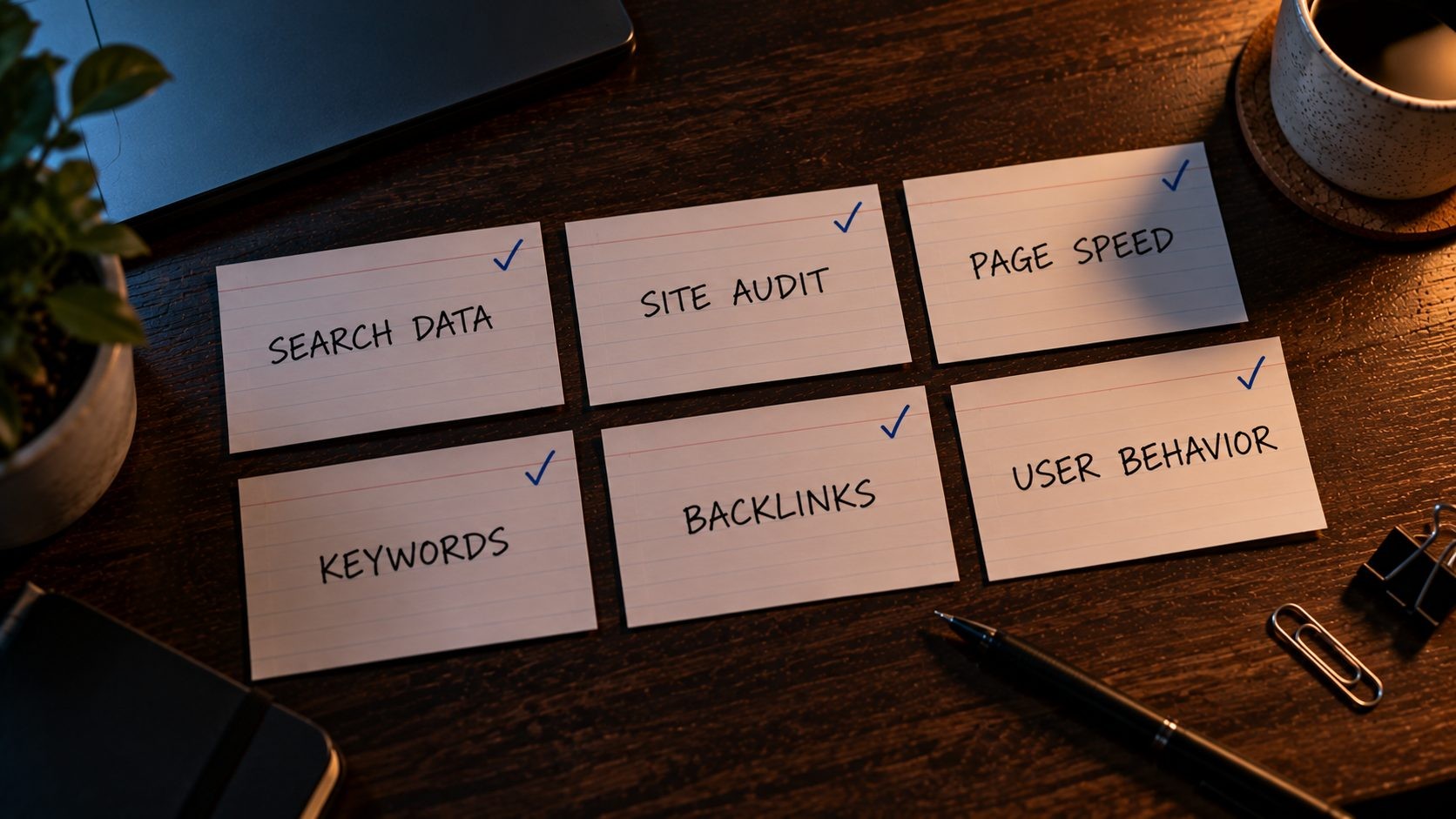 Index cards on a desk labeling each SEO job: search data, audits, speed, keywords, backlinks and user behavior