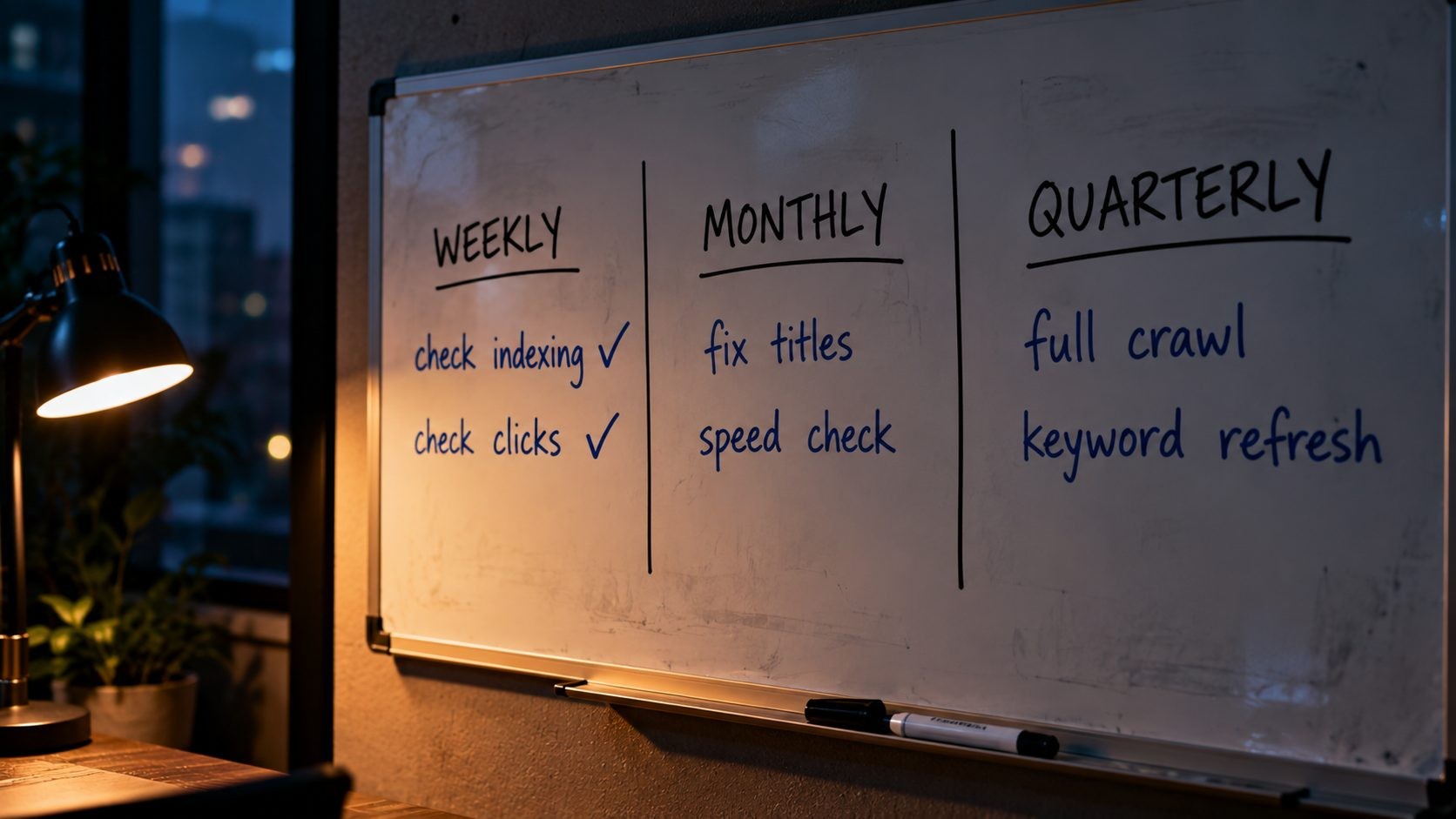 Whiteboard with a free SEO workflow split into weekly, monthly and quarterly tasks