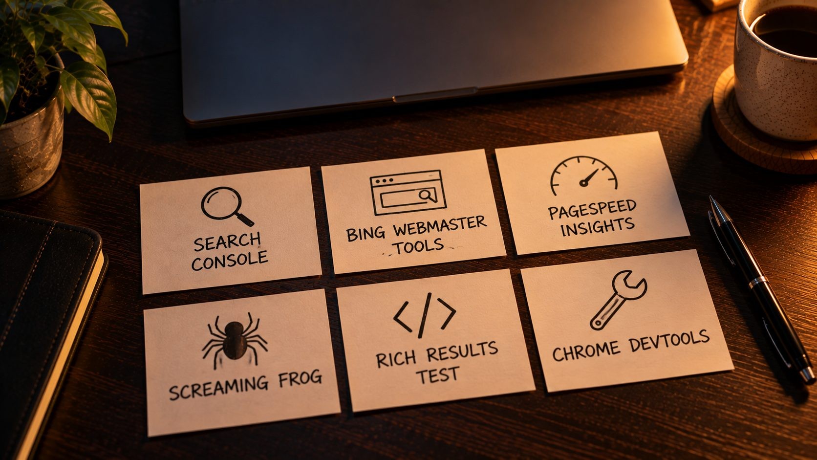Index cards listing free technical SEO audit tools, including Search Console, PageSpeed Insights and Screaming Frog