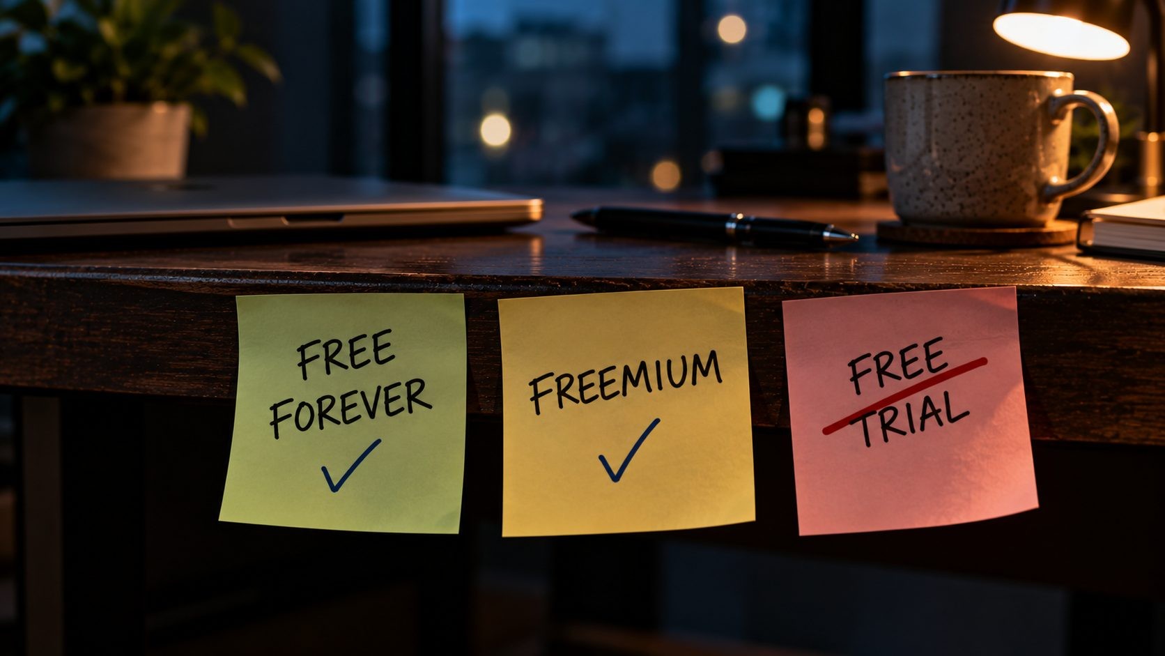 Three sticky notes comparing free forever, freemium and free trial, with the trial note crossed out