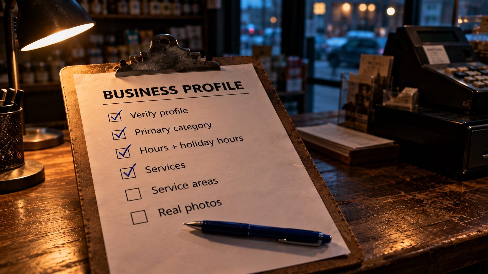 Clipboard with a Google Business Profile setup checklist, some items ticked and some still open Clipboard with a Google Business Profile setup checklist, some items ticked and some still open