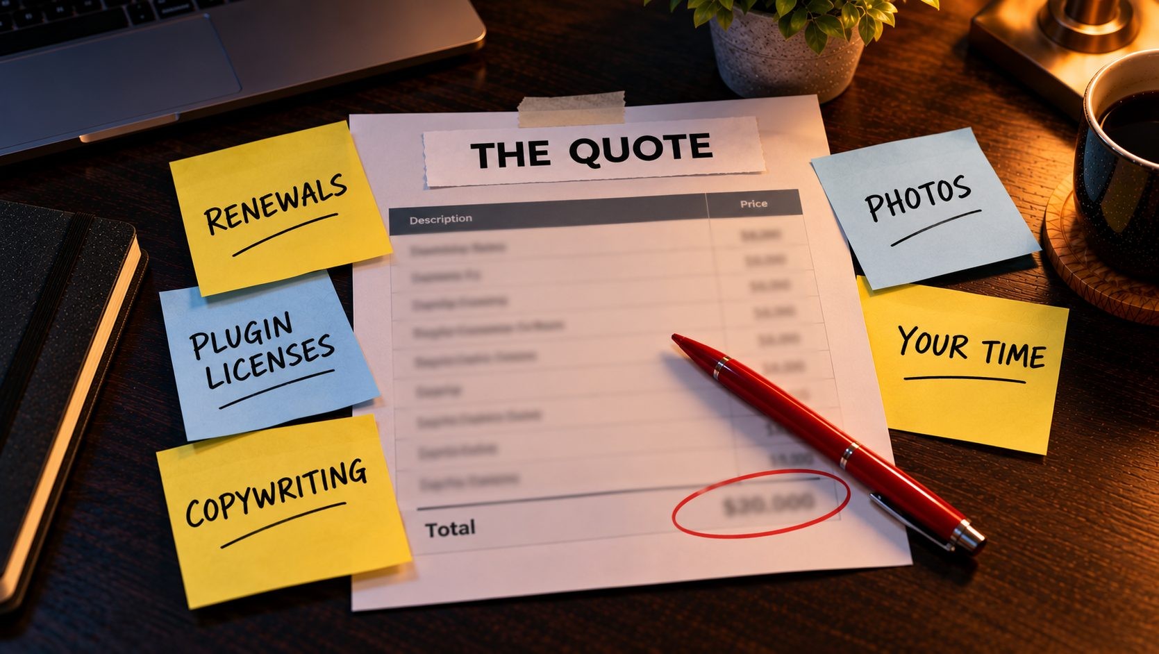 Hidden website costs such as renewals, plugin licenses, copywriting and photos added around a website quote Hidden website costs such as renewals, plugin licenses, copywriting and photos added around a website quote