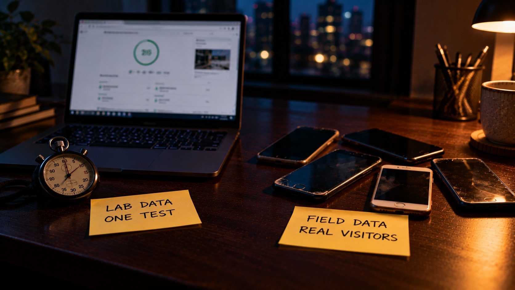 One laptop test labeled lab data next to many different phones labeled field data from real visitors