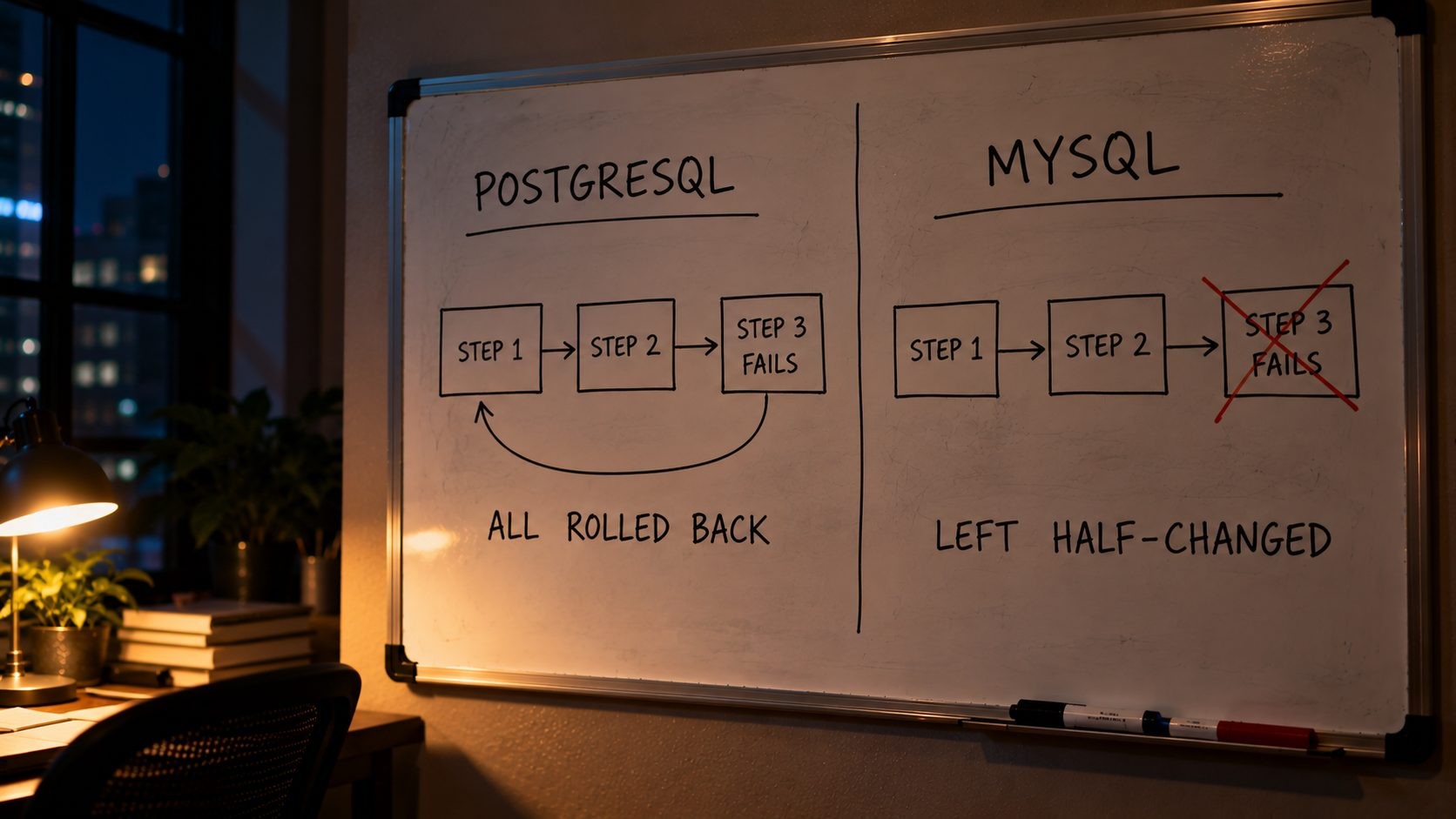 Whiteboard showing a failed migration rolled back on PostgreSQL but left half-changed on MySQL