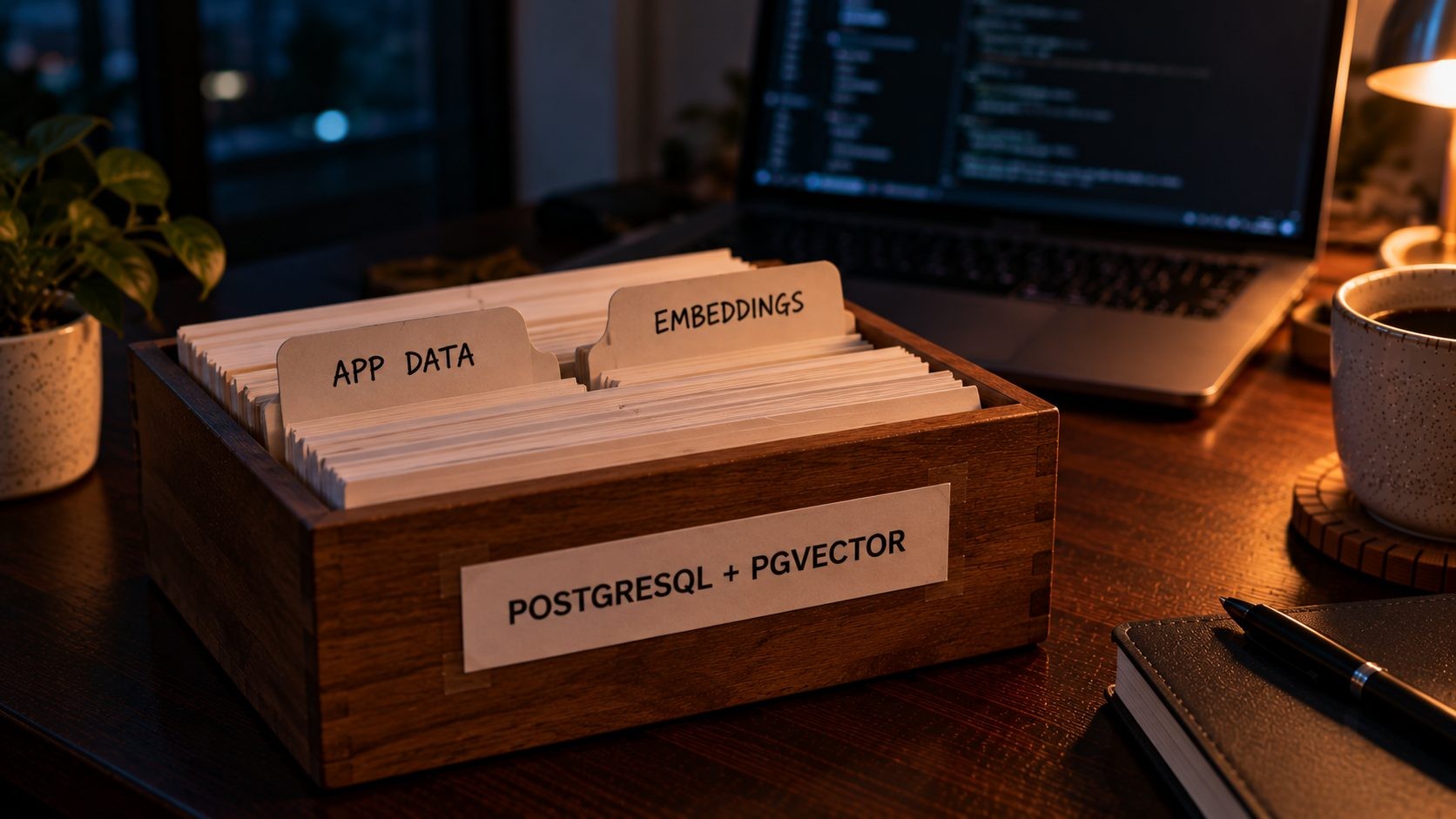 Index card box holding app data and embeddings together, illustrating PostgreSQL with pgvector for Laravel AI features