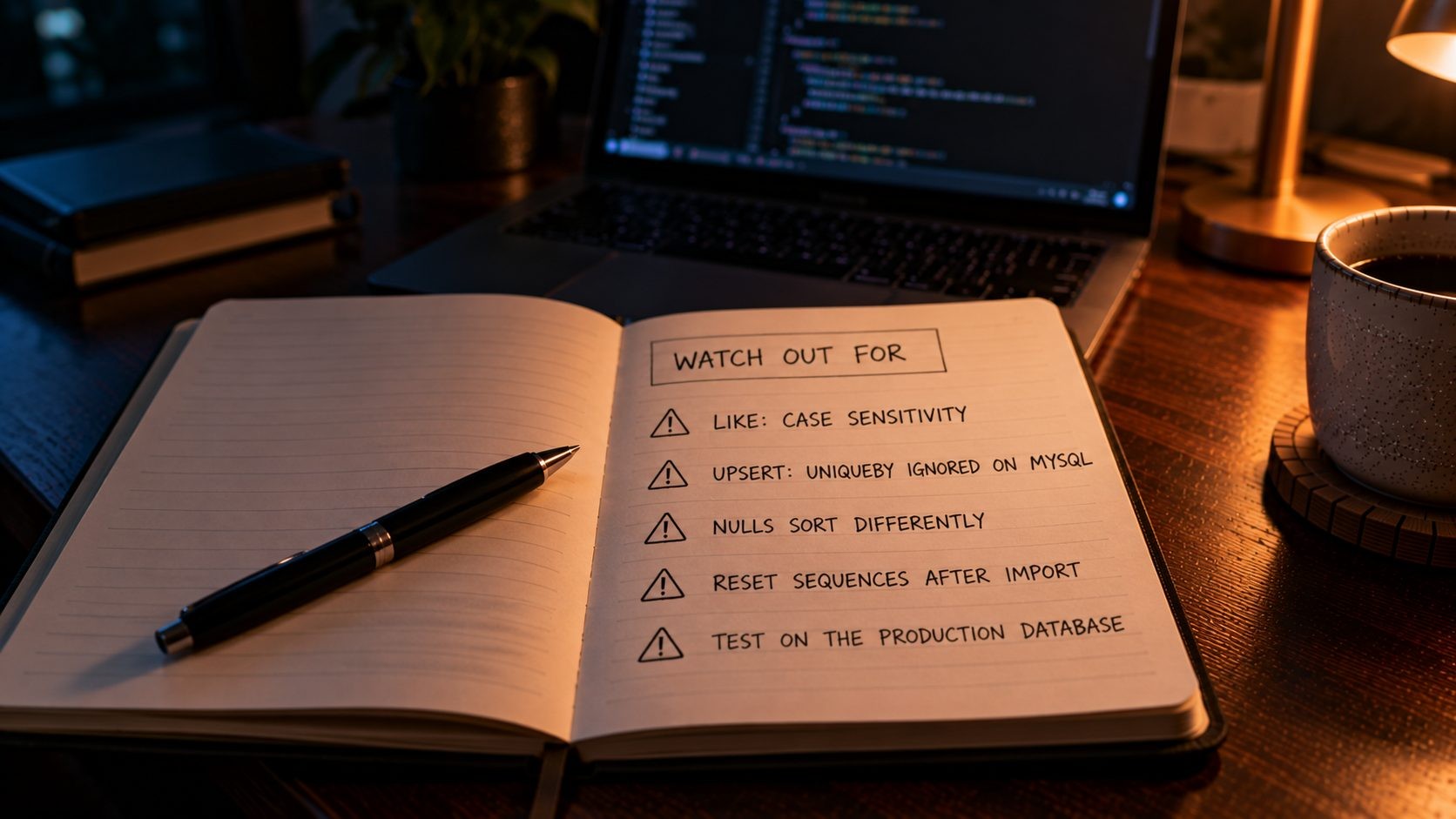 Notebook listing Laravel gotchas when choosing between PostgreSQL and MySQL