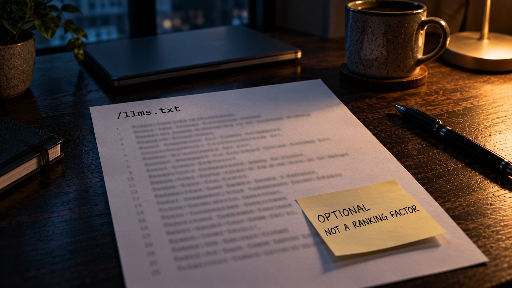 Printed llms.txt file on a desk with a sticky note reading optional, not a ranking factor
