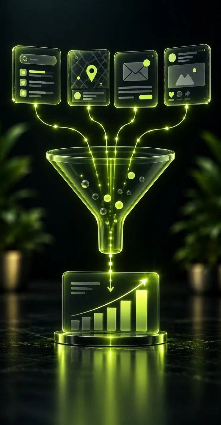 Marketing channels flowing through a funnel into a rising results chart