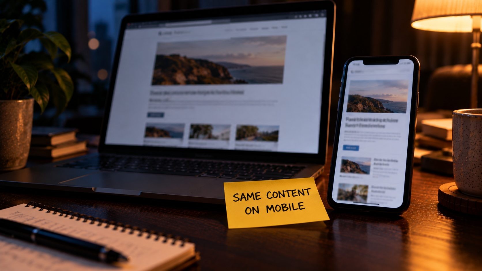The same web page on a laptop and a smartphone, showing mobile and desktop content parity