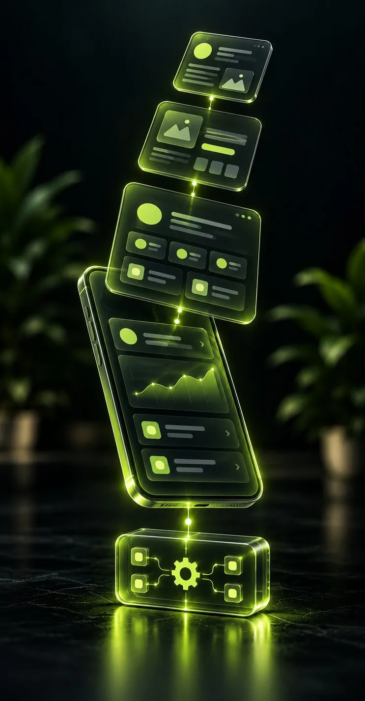 A phone app and its screens connected to the back end that powers them