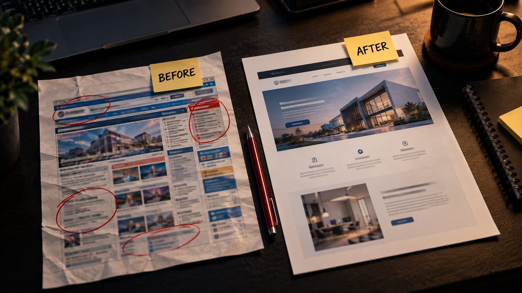 Printed comparison of an outdated website design and a modern website design