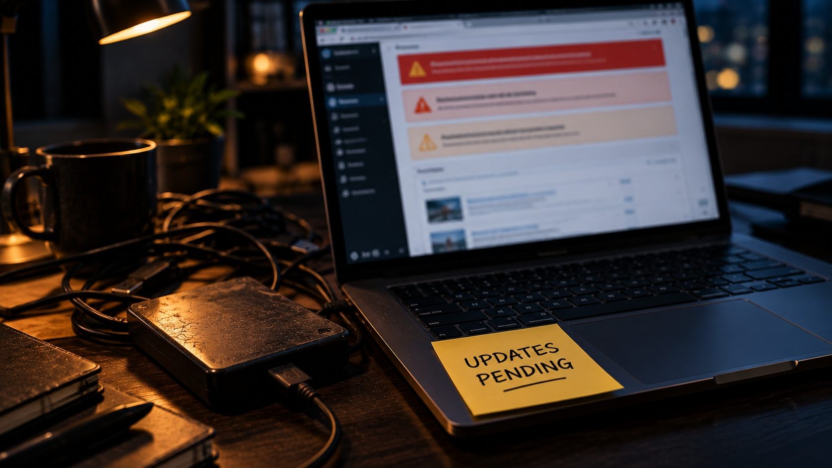 Website dashboard showing pending updates and security warnings on an outdated site