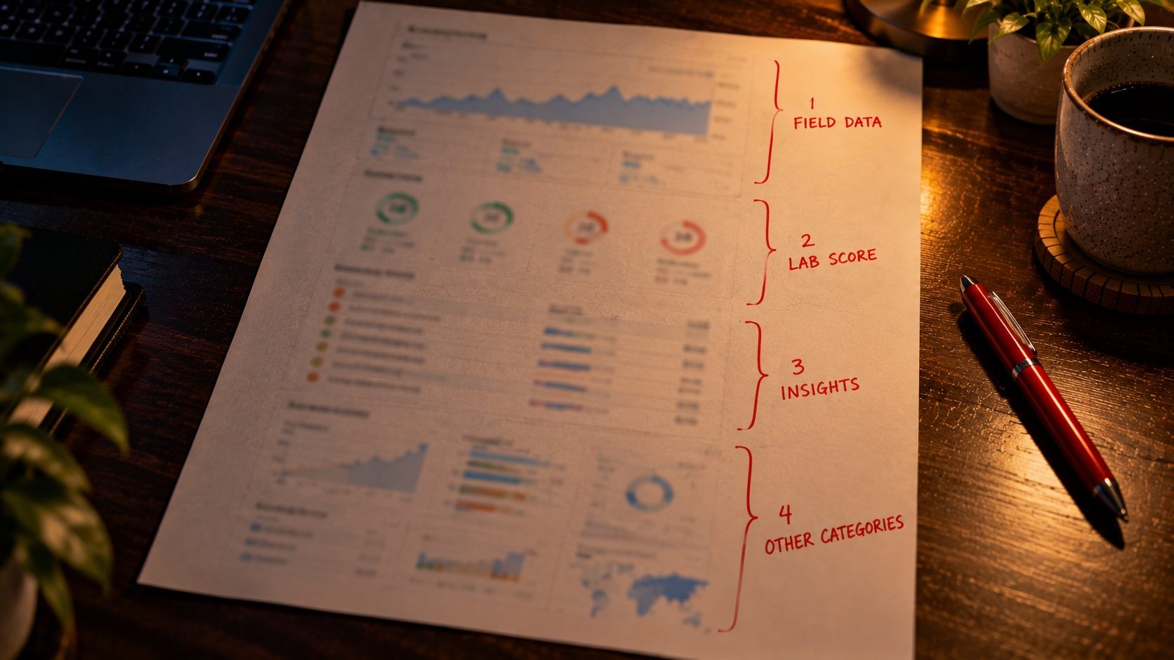 Printed PageSpeed Insights report annotated with its four sections: field data, lab score, Insights and other categories