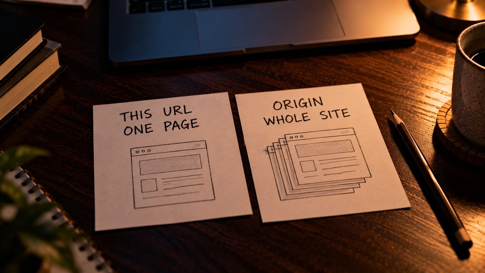 Index cards comparing “This URL” data for one page with “Origin” data for a whole site