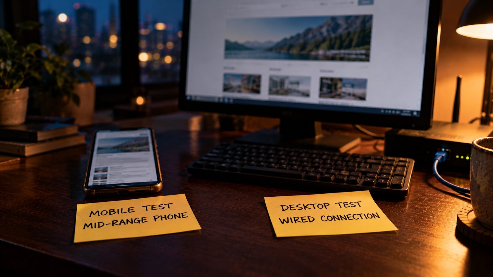 A mid-range phone and a wired desktop computer, showing why PageSpeed mobile scores are lower than desktop scores