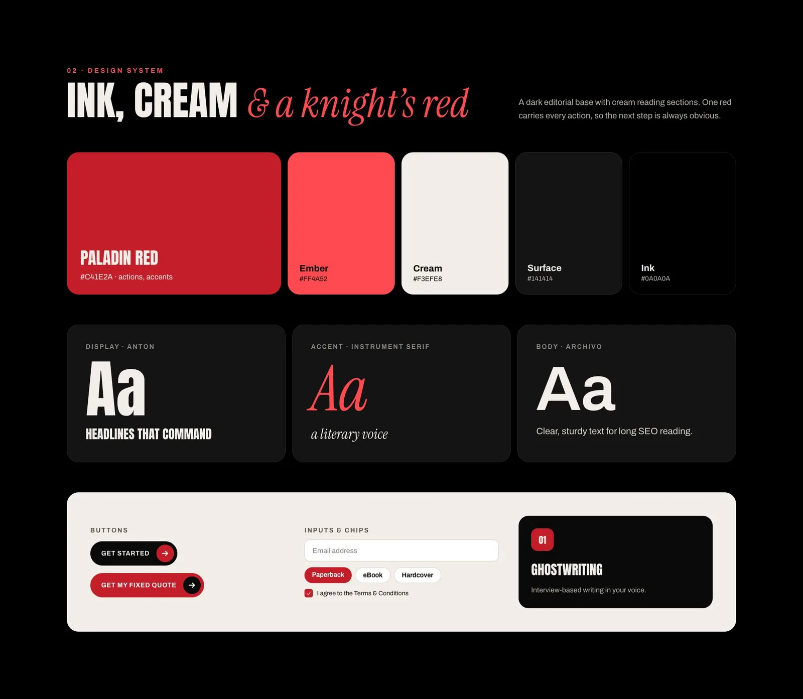 Paladin Press design system: red, cream and ink palette with Anton, Instrument Serif and Archivo type
