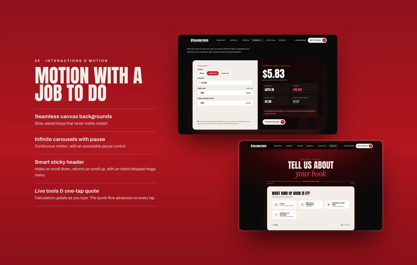 Paladin Press interactions and motion: calculator and five-step quote flow beside notes on canvas backgrounds, carousels with pause and a smart sticky header