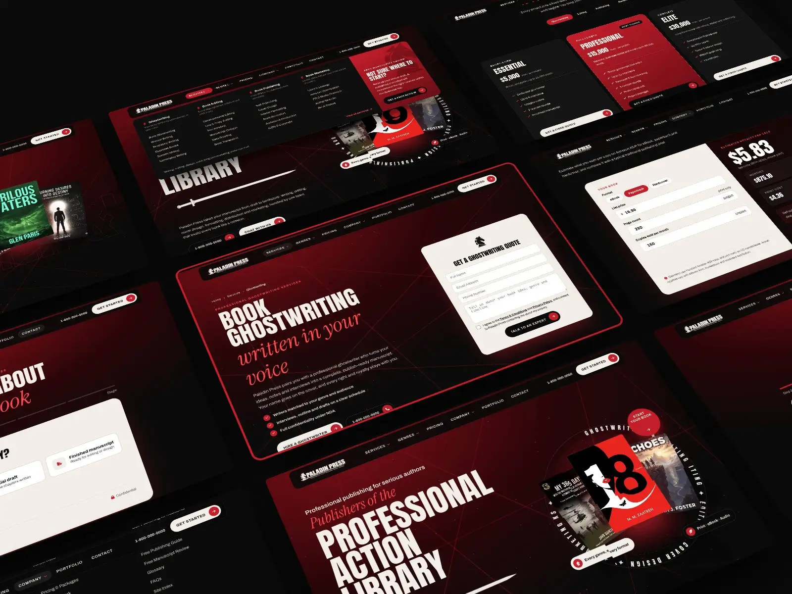 Paladin Press page templates at an angle: mega menu, pricing, royalty calculator, ghostwriting page with quote form and homepage